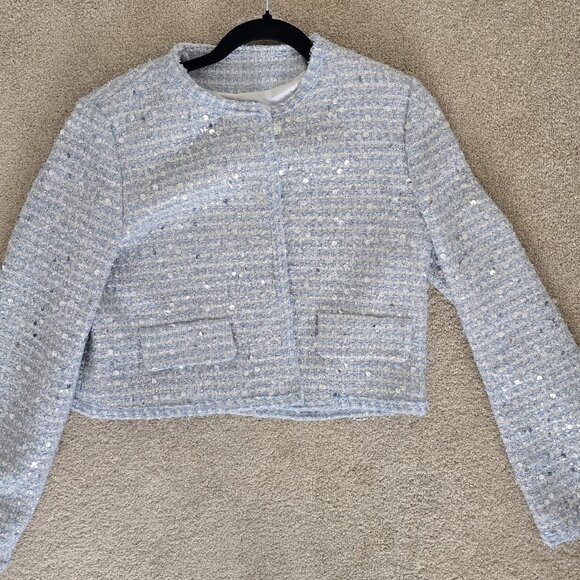 ZARA Light Blue Tweed Sequin Jacket - Picture 3 of 3